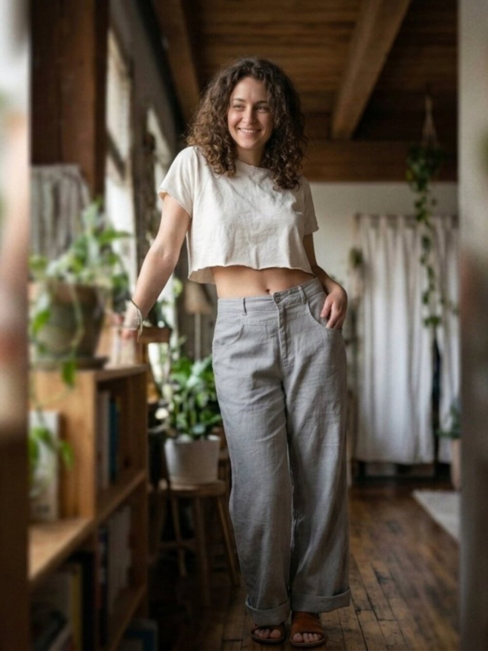 HAPPILY GREY Linen Blend Casual Pants Wide-Leg Mid-Rise Light Grey Women's M